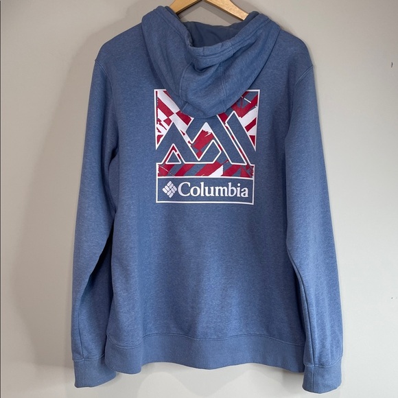 Columbia Classic Back Graphic Logo Hoodie Steel Blue Kangaroo Pocket Size L - Picture 10 of 12